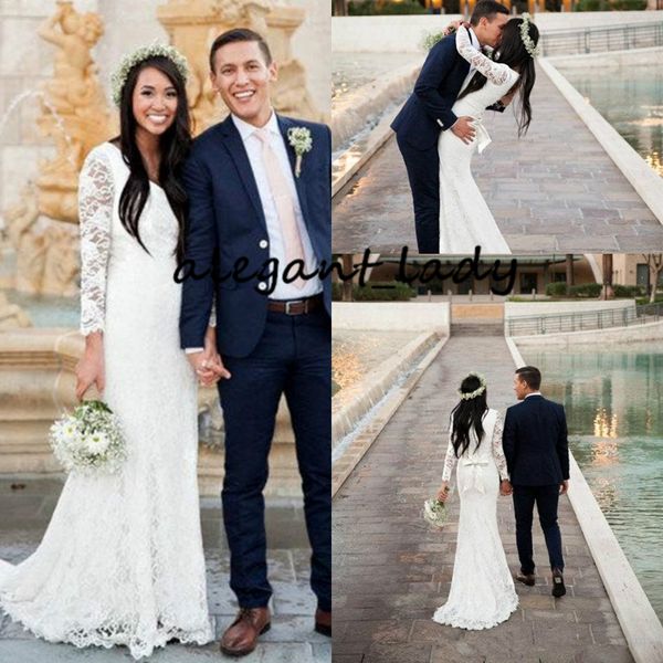 

long sleeve muslim boho wedding dresses with bow 2019 jewel neck full lace sweep train outdoor countryside mermaid bridal wedding gown, White