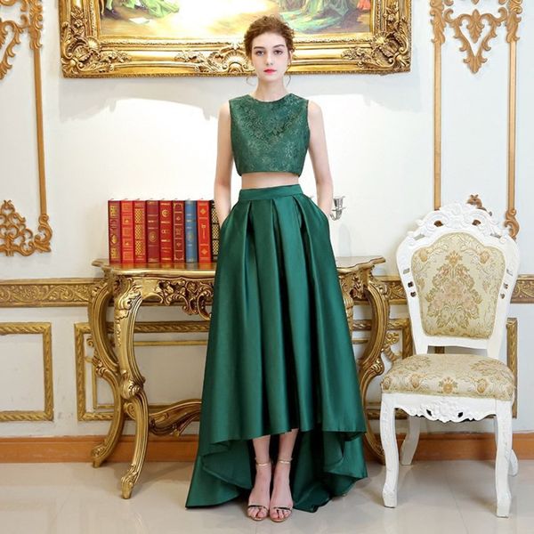 

jewel neck lace 2 pieces prom dresses with satin skirt 2020 high low prom gown dark green black dark red