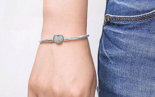 

fine diy bracelet bangle for women original 100% 925 sterling silver heart clasp snake chain fit bead bracelet jewelry, Black