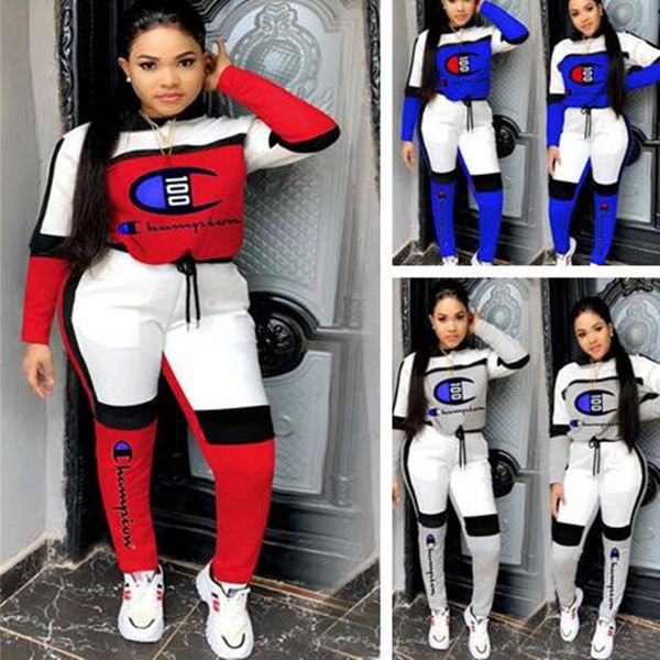 

women champion letters two pieces outfits sport suit brand tracksuits long sleeve hoodies hooded pants leggings sweatsuits c102103, White