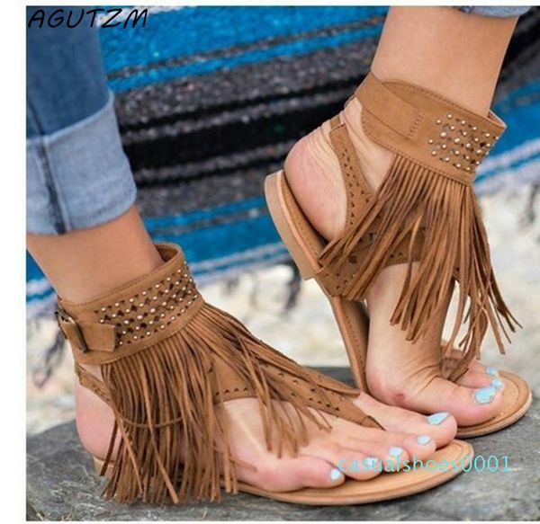 

2020 new bohemia gladiator flat women sandals woman open flip flops vintage women shoes beach tassel sandals 35-44qa21, Black