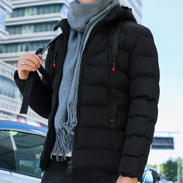 

parka men winter casual jacket thick warm padding coat quilted jackets mens hooded coats solid streetwear puffer overcoat homme, Black