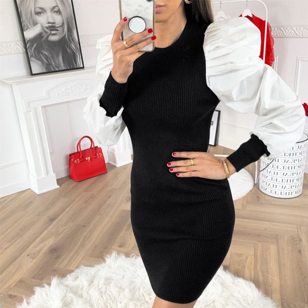 

2020 spring autumn party short dress fashion o-neck patchwork white lantern sleeve black mini dresses knit slim womens clothing, White;black