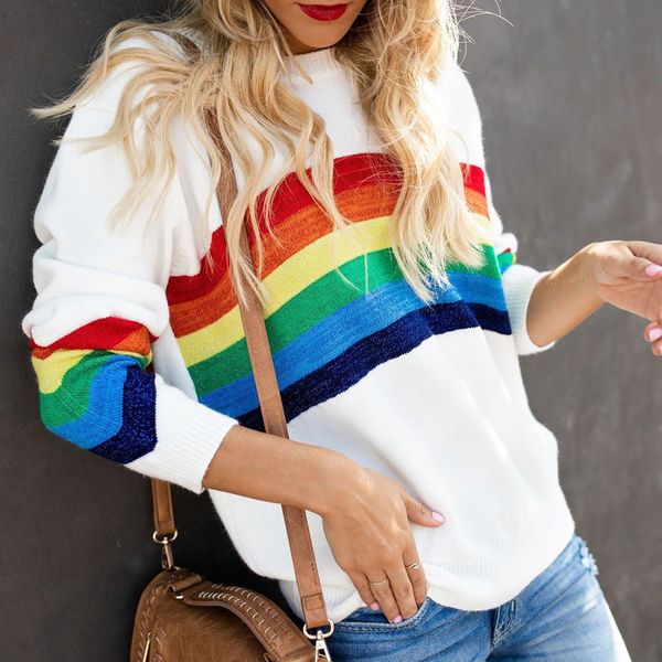 

women knitted sweater autumn winter elastic pullover casual long sleeve round neck rainbow stripe female sweaters fashion, White;black