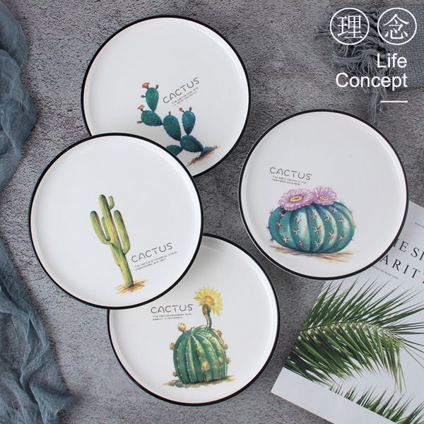 Acheter Dessin Animé Aquarelle Cactus Dîner Assiette 8 Pouce En Porcelaine Rond Haut Bord Plat Pour Steak Dessert Pizza De Mariage Partie De Service