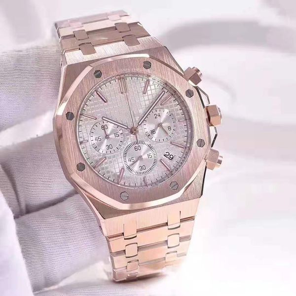 

u1 factory royal men's watch rose gold 43mm sapphire dial multi-function quartz movement 316 stainless steel watchband men gift, Slivery;brown