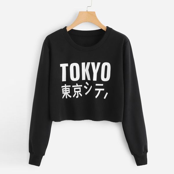 

women's sweatshirt pullovers solid tokyo letter print long sleeve jumper o-neck sweatshirt pullover casual sudadera mujer, Black