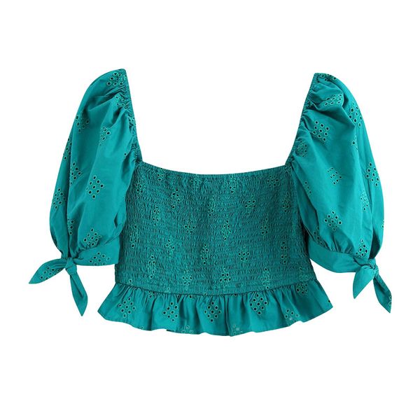 

women 2020 fashion cutwork embroidery ruffles cropped blouses vintage tied puff sleeve smocked female shirts chic, White