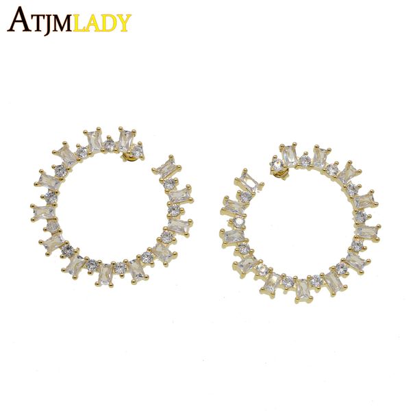 

2019 new design trendy women jewelry clear cz cubic zirconia round circle hoop earring minimal baguette round stone earring, Golden;silver