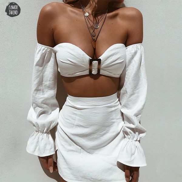 

white two pieces set women solid slash neck crop hip polyester skirt women clothing 2019 fashion beach sets