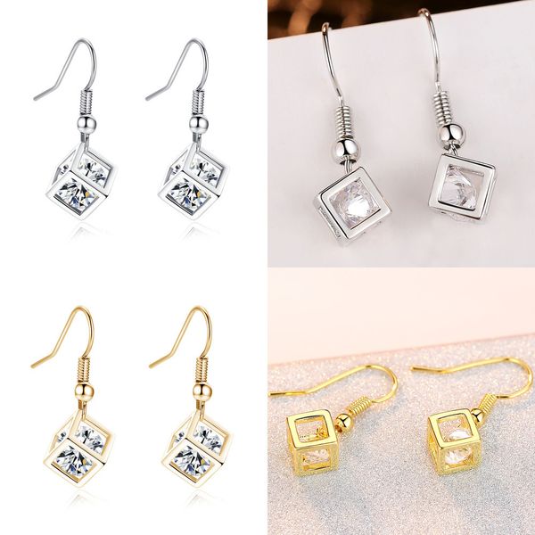 

personality small zircon long eardrop earrings cube zircon ear hook cube with eardrop women earrings boucles d'oreilles swarovski, Silver