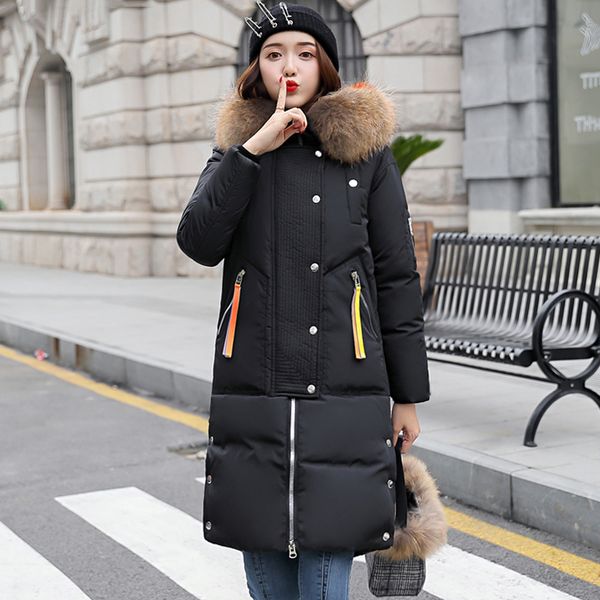 

2019 new arrival women winter jacket with fur collar hooded outwear warm thicken female coat long parka abrigos mujer invierno, Black