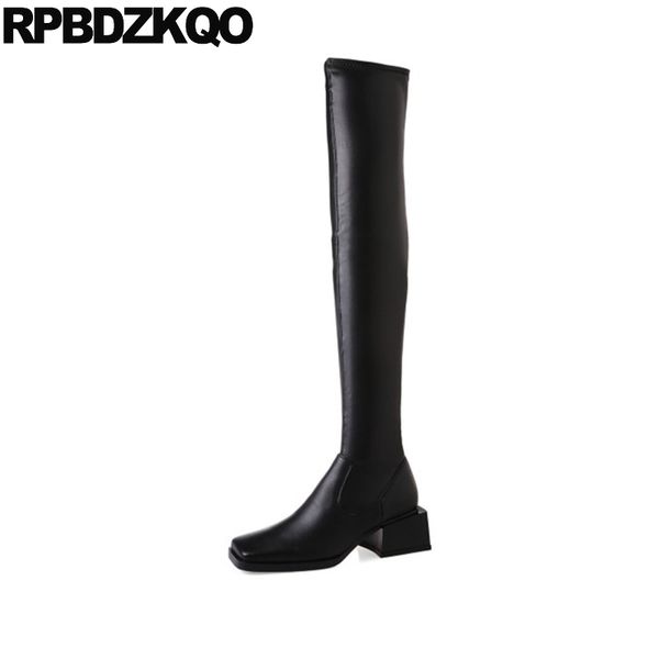

patent leather tall slim square toe women boots winter 2019 shoes over the knee long black vintage stretch chunky chinese