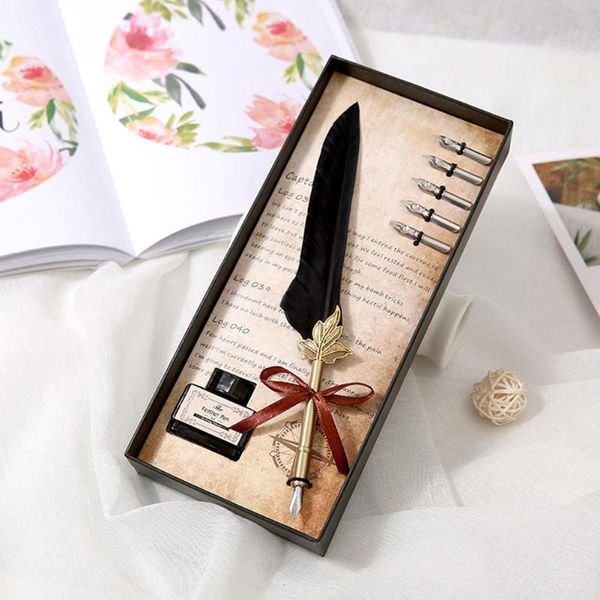 

retro calligraphy feather dip pen writing ink set vintage quill pen fountain pens stationery gift box birthday gifts wholesale