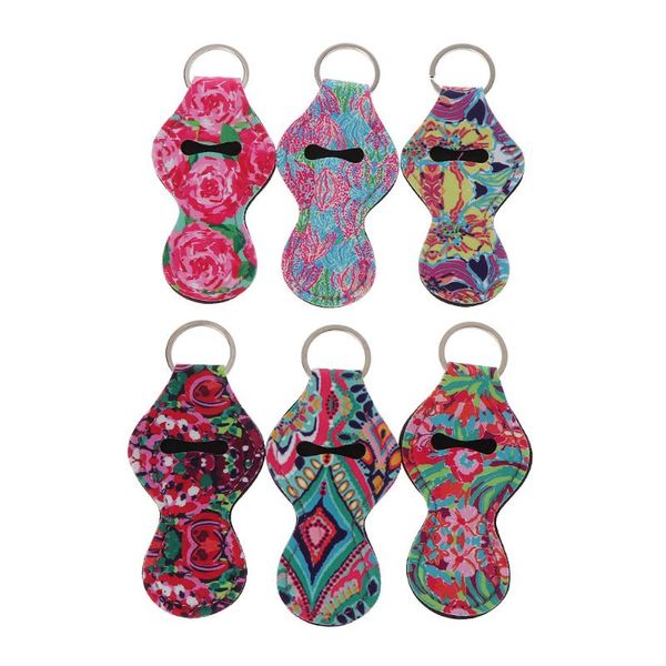 

6pcs neoprene floral waterproof lipstick chapstick holder bag key chain jewelry, Silver