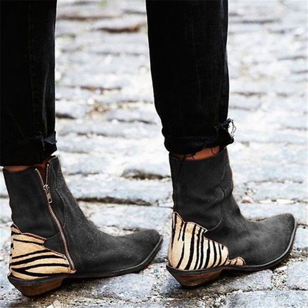 

oeak 2019 women boots leopard pointed toe ankle boots women shoes zipper zebra pattern deep flat heel lady shoes, Black