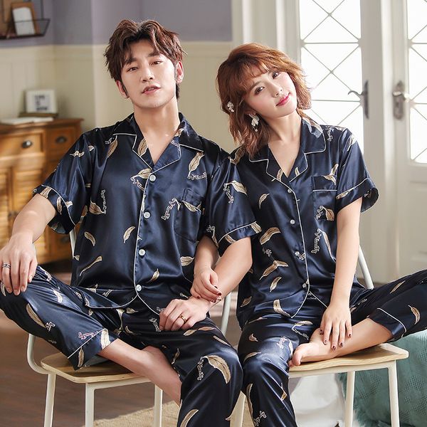 

2019 couples pajamas spring and autumn silk pajamas women's men summer thin section homewear set, Black;red