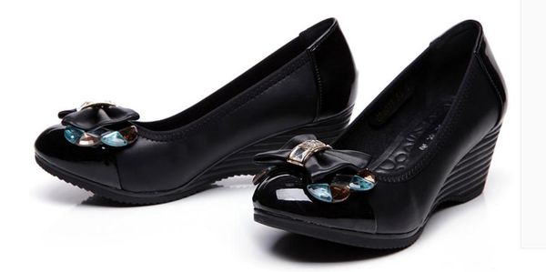 

women's shoes in spring and autumn slope heel round head bowknot @2601, Black
