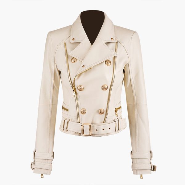 

women's leather & faux fashion zipper stitching pu jacket female locomotive style double breasted outerwear jackets f374w, Black