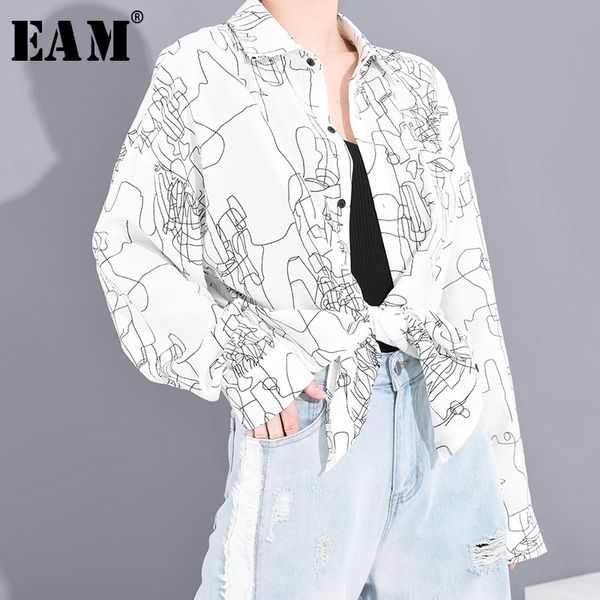 

eam] women white pattern printed big size blouse new lapel long sleeve loose fit shirt fashion tide spring summer 2020 a641