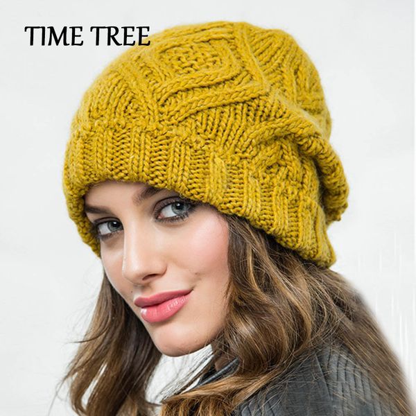 

time tree 2020 wool winter cap women solid thicken wool knitted soft beanies yellow gray hats outdoor casual hats&caps berets, Blue;gray