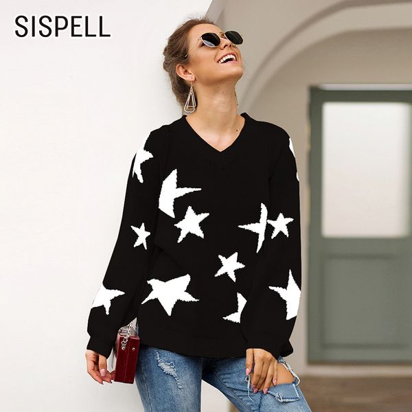 

sispell autumn star print hem split female jumper sweater v neck lantern sleeve casual sweaters female fashion new clothes, White;black