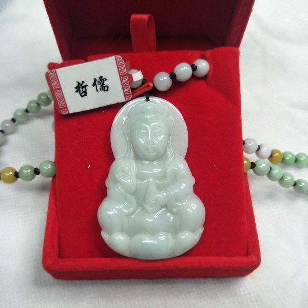 

lockets zheru jewelry pure natural jadeite carved light green guanyin pendant tricolor jade bead necklace send class a certificate, Silver