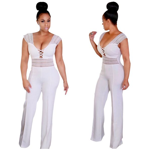 

lace wide leg jumpsuit women sleeveless hollow out patchwork romper elegant slim party overalls, Black;white