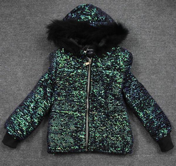 

new design winter faux fur hooded warm thickening cotton-padded long sleeve green black paillette sequined short parka coat