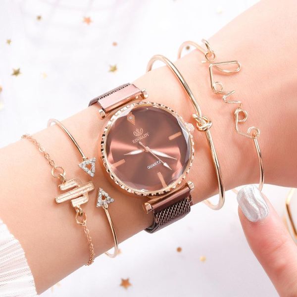 

watch set women 5pcs women's wristwatch mesh strap ladies bracelet watch casual relogio femenino gift for girlfriend, Slivery;brown