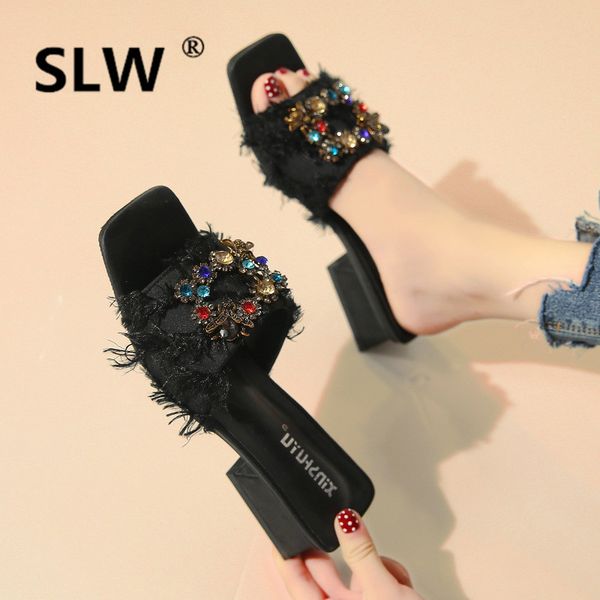 

square heel slides summer crystal med rubber silk fashion slipper women rhinestone toe rubber modis sandals woman slides lady, Black