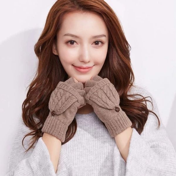 

women men solid winter soft fingerless gloves mittens knitted glove hand warmer cap on adjustable mittens, Blue;gray