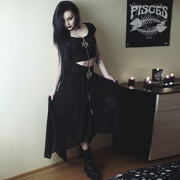 

summer mesh irregular women skirts pentagram zipper black punk skirts gothic darkness lady skirt casual loose streetwear skirts