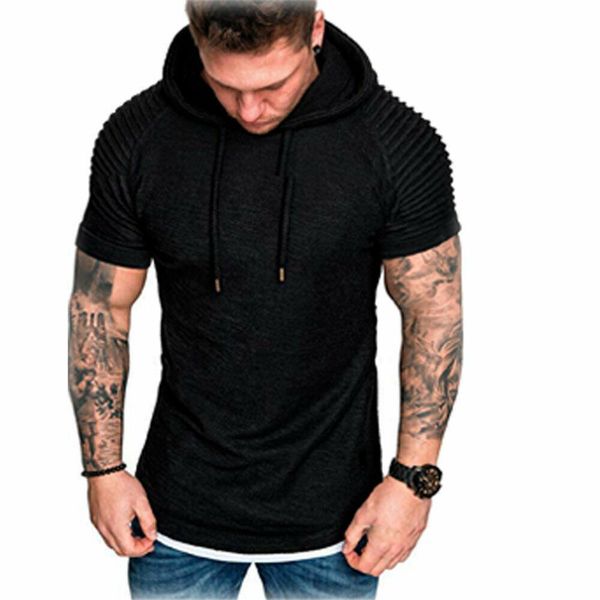 

men's pleated sleeve t shirt 2019 summer slim fitness hooded short-sleeved tees male masculina sportswer t-shirt slim tshirt, White;black