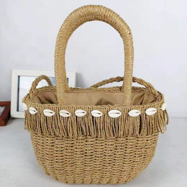 

popular shell tassel coarse paper rope women's bag new handmade straw bag beach leisure vegetable basket handbag