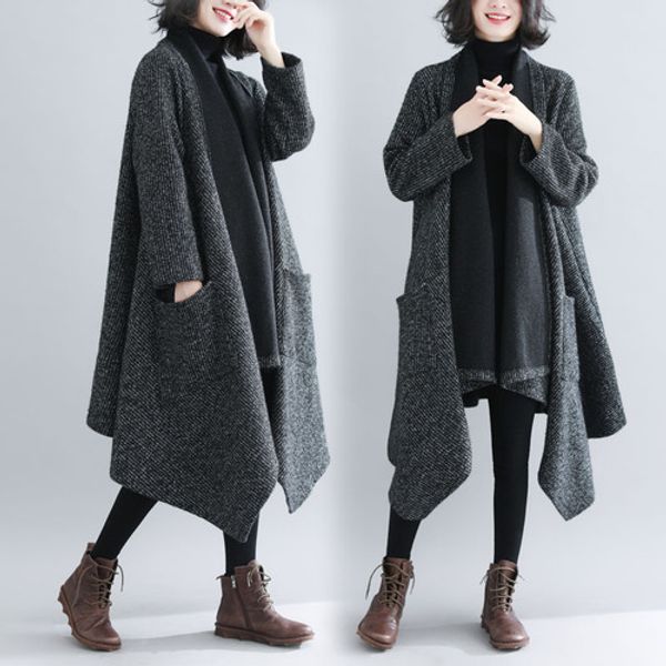 

autumn and winter trench coat for women cloak loose women windbreaker thick open stitch overcoat middle age clothes, Tan;black