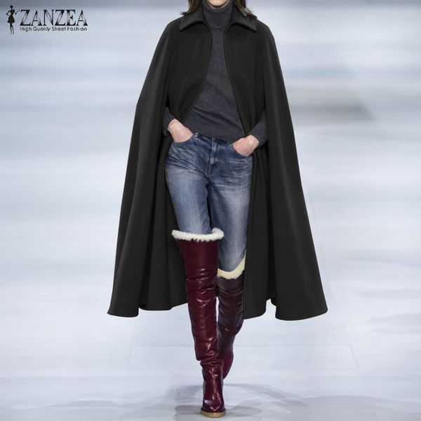 

zanzea fashion cape poncho coats women's solid lapel outwear 2019 autumn sleeve jackets christmas waterfall cardigans, Black;brown