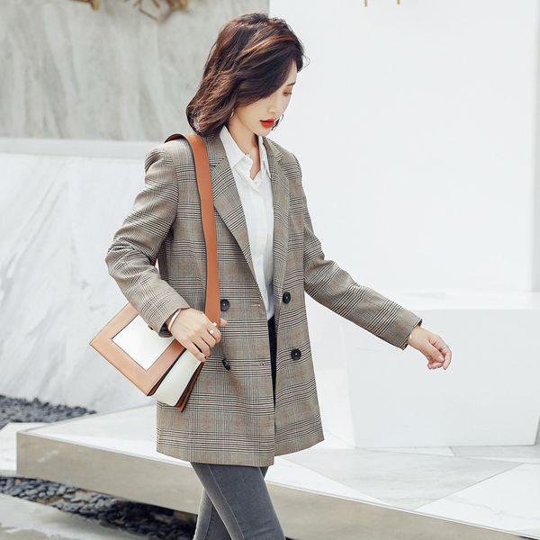 

women's suits & blazers jacket 2021 autumn and winter fashion casual temperament slim lattice double-breasted small suit shirt, White;black