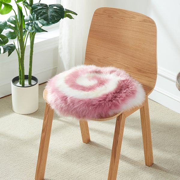 

lollipop pink color round new zealand sheepskin fur cushion 45cm fur chair cushion sheep fur seat mat for home decor sofa pillow
