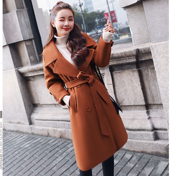

office lady loose long woolen winter coats double breasted sashes wool coat and jacket turn-down collar ladies coats, Black
