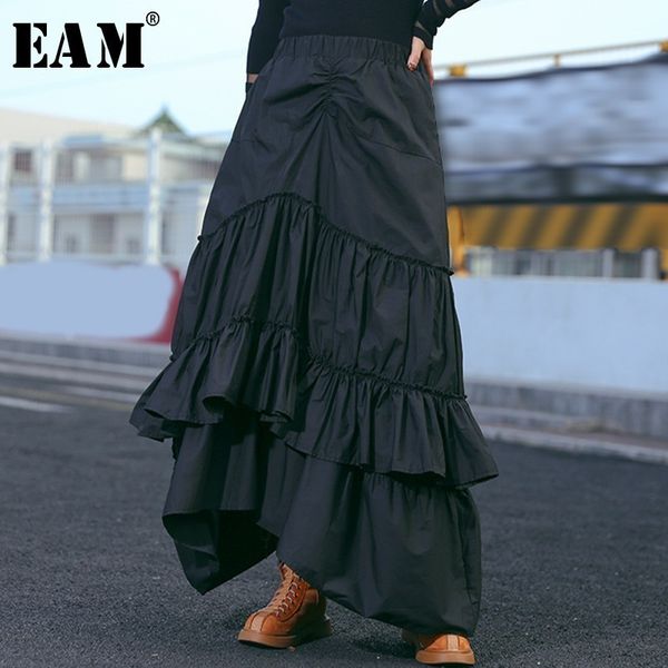 

eam] 2020 new spring summer high elastic waist black layers pleated stitch cake half-body skirt women fashion tide jl639, Black;gray