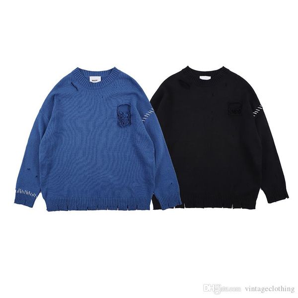 

mens solid hole fashion sweater knitted basic sweaters long sleeve male pullover homme pullover loose casual, White;black