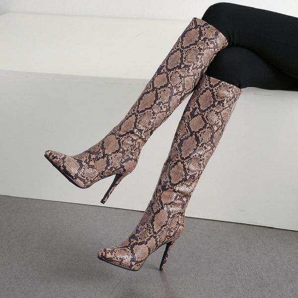 

knee high boots stiletto high heels fashion boots women pointy toe snake print shoes woman plus size eu35-43 botas mujer, Black