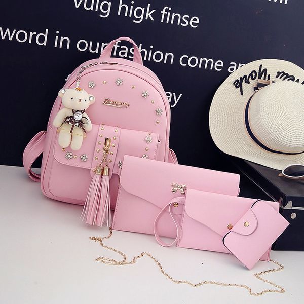 

2018 new small fresh multi-use diamond bi-shoulder bag 4 pieces set college wind student bag sub-backpack