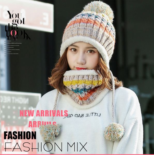 

winter knitted beanies hats women thick warm beanie skullies hat female knit letter bonnet beanie caps outdoor riding sets