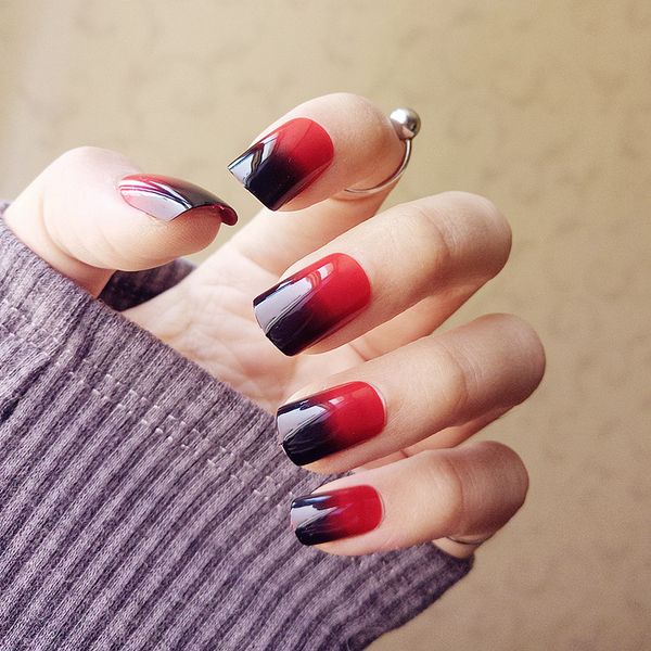 

24 tips ombre square fake nails glue sticker red black gradient glitter false nail with designs luxury press on nails medium, Red;gold