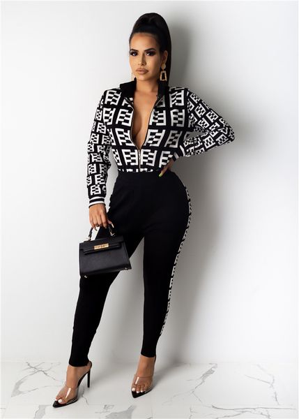 

brand ff letter tracksuit women's fends long sleeve zipper jacket leggings pants two piece clothes set trendy street outfits c121104, White