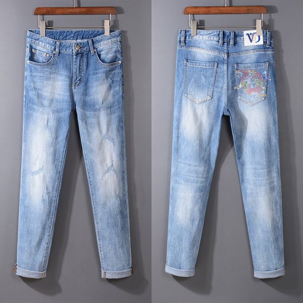 

2020 new arrival men designer jeans denim embroidery pants fashion skinny jeans purple brand jeans, Blue