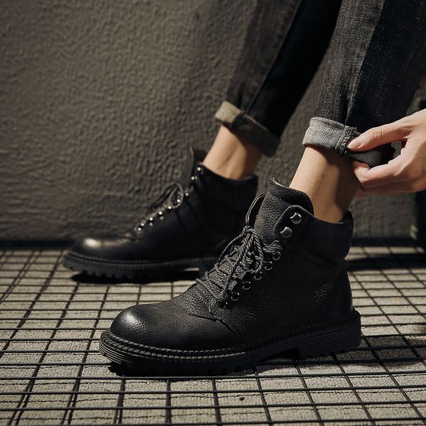 

winter men snow boots warm plush cotton shoes high lace-up boots platform genuine leather footwear retro design big size 58 o5, Black