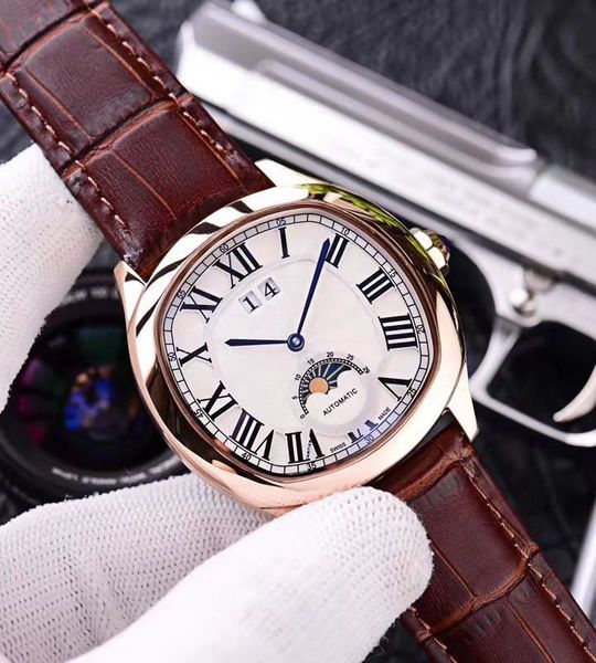 

2019 new luxury mens mechanical watches sports series, men brand automatic wristwatches, sun, moon and stars leather watchband ing, Slivery;brown